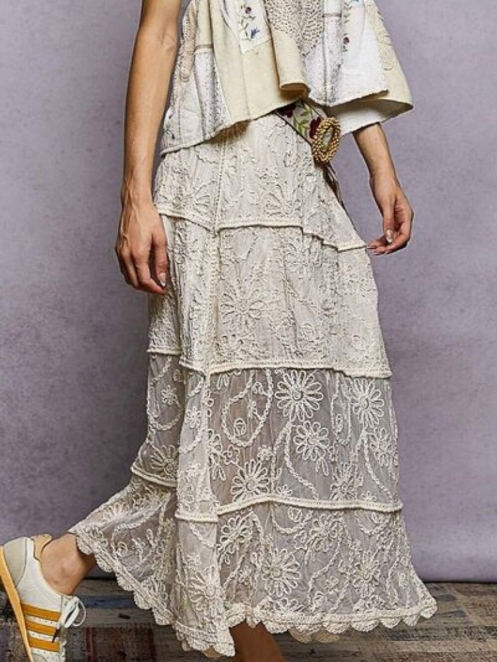 Floral Embroidered Tiered Crochet Skirt Boho Cottagecore Style - Picture 2 of 5